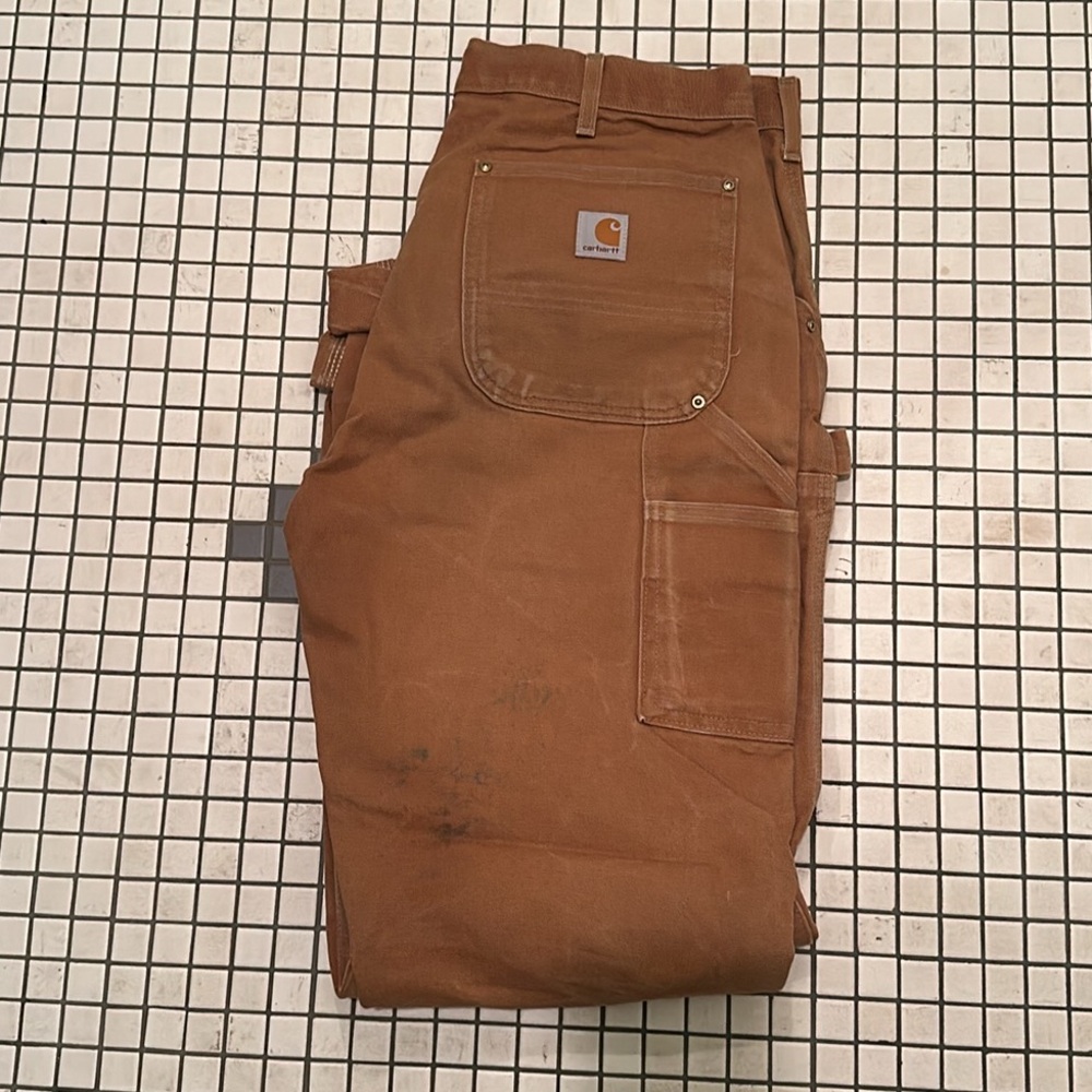 USED Carhartt Work Pants Mens 34x34 Double Front Brown Made In USA Loose Orig…
